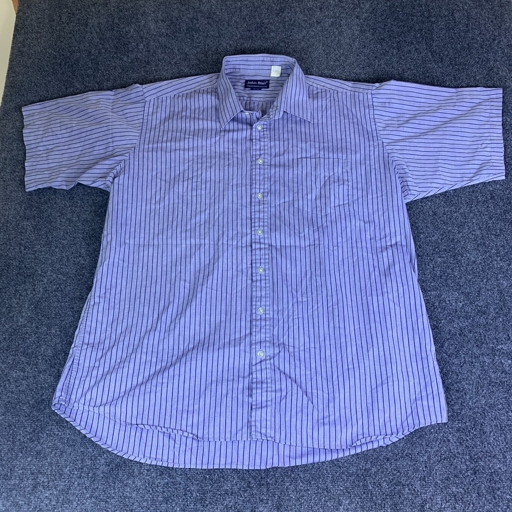 John Blair Dress Shirt Mens 18 Blue Striped Good Short Sleeve Point Collar